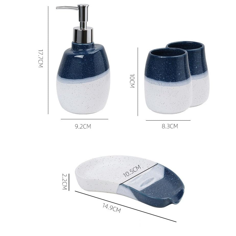 Ceramic Bathroom Accessories Set of 4 Gradient White and Blue Washing Set | Includes 2 Gargle Cups, 1 Soap Dish, 1 Lotion Dispenser, Ideal For Home Decor And Gift