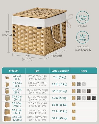 SONGMICS Laundry Hamper with Lid, 9.5 Gallon (36 L) Synthetic Rattan Clothes Laundry Basket with Lid and Handles, Foldable, Removable Liner, Goose Yellow ULCB136Y01 - color: Goose Yellow, size: 36 L
