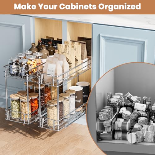 Pull Out Spice Rack Cabinet Organizer, 3 Tier Heavy Duty Slide Out Wood Shelf for Narrow Cabinet, Pull Out Storage for Kitchen (8½" W x 21½" D, 2 Tier) - size: 8½" W x 21½" D, 2 Tier