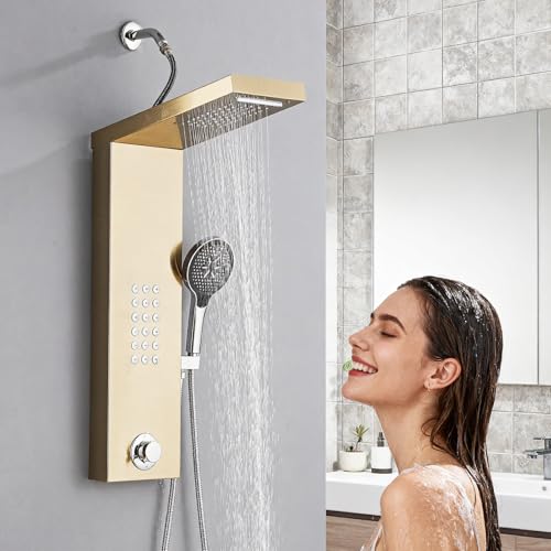 Shower Panel Tower System,Rain Shower Head Rainfall | Waterfall Shower,Handheld High Pressure Rain Massage System(Gold) - color: Gold, style: Normal