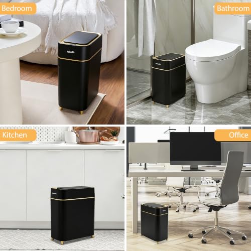 Pukomc Motion Sensor Wastebasket,2.3 Gallon Bathroom Trash can with lid | Touchless Smart Plastic Slim Wastebasket,Quiet Close Waste Bin for Bathroom,Office,RV,Bedroom,Living Room - color: Black