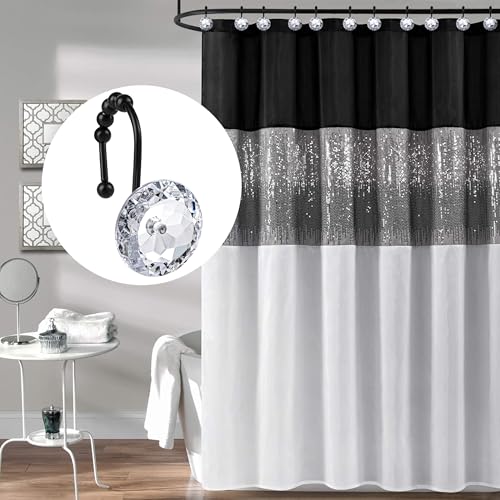 Sunlit Luxury Design Round Clear Diamond Crystal Gem Bling with Glide Balls Shower Curtain Hooks with Black Hooks, Rust Proof Metal Rhinestones Glam Shower Curtain Rings, Set of 12 - color: Clear With Black Hooks