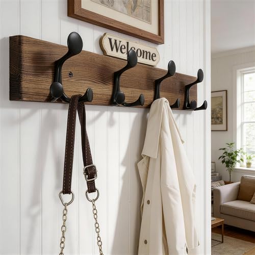 WEBI Coat Rack Wall Mount,24" Solid Wood Coat Hooks Wall Mounted Coat Hanger,16" Hole to Hole,Heavy Duty Hook Rack,4 Triple Hooks for Hanging Coats,Jacket,Hat,Backpack,Farmhouse,Brown - color: Brown, size: 24 Inch
