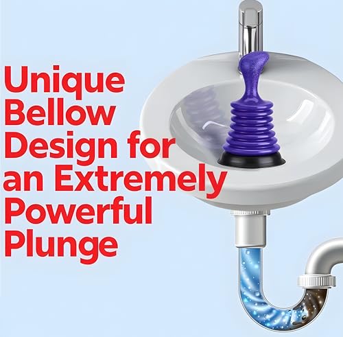 Mini Sink Plunger 2 Pack (Blue & Black), Powerful Bellows Clog Remover, Commercial Style Plumbing Tool for Kitchen & Bathroom Drains, Compact for Sink, Bathtub & Shower