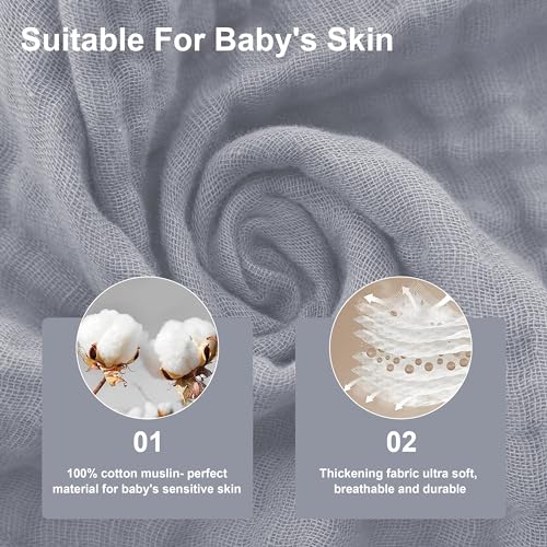 SWEET DOLPHIN 12 Pack Baby Muslin Washcloths - Soft Face Cloths for Newborn, Absorbent Bath Wash Cloths, Wipes, Burp Rag - Toddlers Essentials Stuff, Baby Registry as Shower -10"x10", Grey