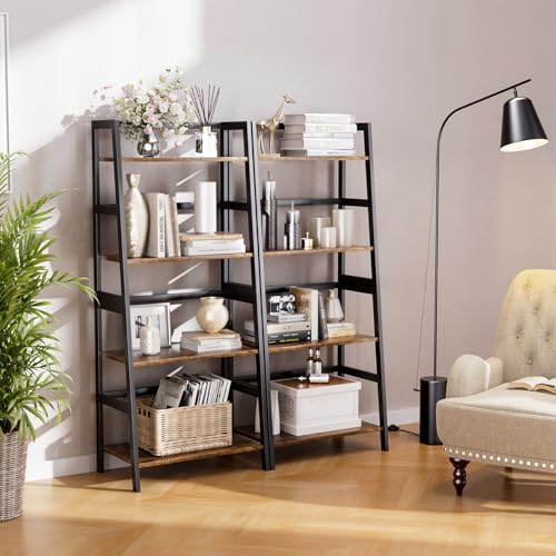 HITNET Ladder Shelf, 4 Tier Bookshelf with Bamboo Frame, Freestanding Bathroom Storage Shelving Unit for Living Room, Home Office, Bedroom, Rustic Brown and Black - color: Rustic Brown and Black