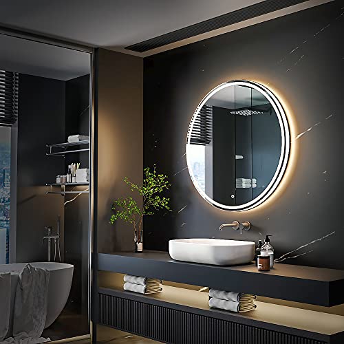 KWW Round Mirror Bathroom LED Lighted Mirror, Illuminated Dimmable Anti-Fog Wall-Mounted Makeup Vanity Mirror with Lights (36 inches) - size: 36"L x 36"W