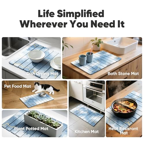 Stone Drying Mat for Kitchen Counter, Quick Diatomaceous Earth Mats for Dishes, 24"L x 16" W Super Absorbent Fast-Drying Collapsible Countertop Stone Mat (Marble White Blue, 24" x 16") - color: Marble White Blue