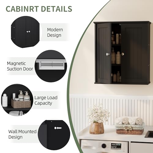 Bathroom Wall Cabinet, Bathroom Cabinet Wall Mount, Over Toilet Space Saver Storage Cabinet, Wood Medicine Cabinets, Black - color: Black