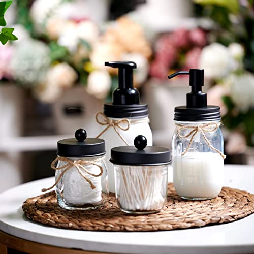 Amolliar Mason Jar Bathroom Accessories Set, 4Pcs Glass Bathroom Set, Black | Lotion Soap Dispenser, 2 Cotton Swab Holders, Toothbrush Holder, Farmhouse Rustic Bathroom Decor, Perfect Decorating Idea - size: Black, style: Standard-mouth