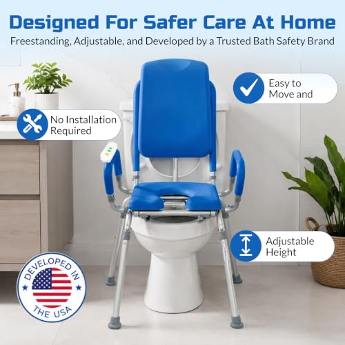 Raised Toilet Seat with Handles, Elevated Toilet Seat Riser for Seniors | Comfortable, Accessible Bedside Toileting - Blue, padded seat, backrest, 330 lb - size: 330lb. Capacity