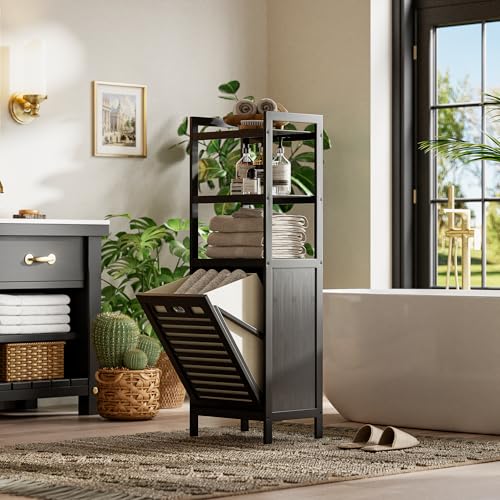 HITNET Tilt Out Laundry Hamper, Bamboo Bathroom Cabinet with Pull Out Removable Bag and 3 Tier Storage Shelves, 10 Gal Clothes Basket with Metal Handle, Black - color: Black