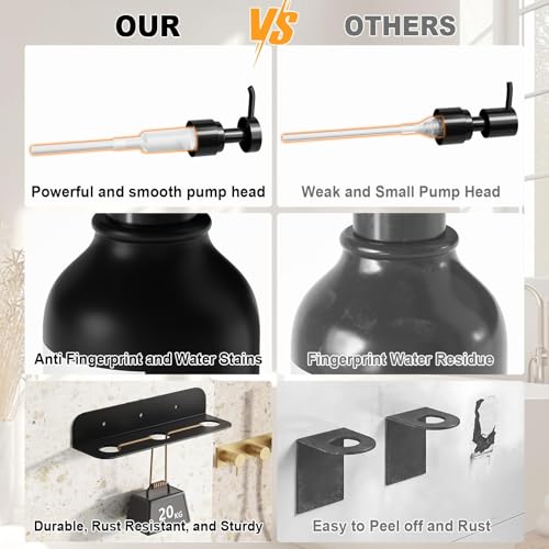 Refillable Shampoo and Conditioner Dispenser Set of 3 - Wall Mounted No Drill Pump with Bottles, 3 Chamber for Shower Soap and Body Wash Dispensers with Labels, Matte Black Bottle for Bathroom (16oz)