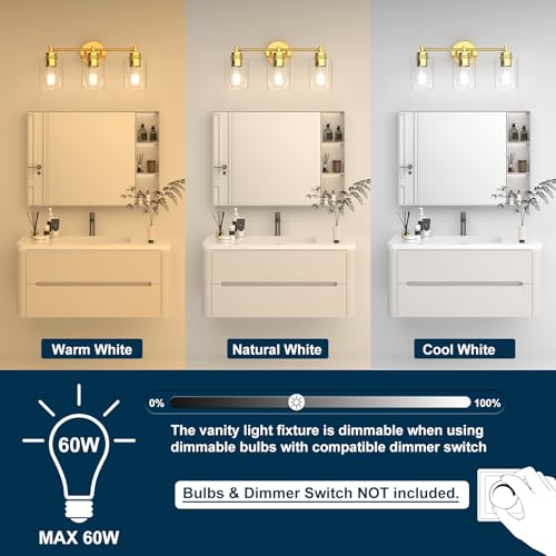Bathroom Vanity Light Fixtures, 3-Light Brushed Gold Wall Sconce with Clear Glass, Modern Vanity Lights Over Mirror for Bathroom, Kitchen, Living Room, Mirror, E26 Base(Bulbs Not Included) - color: Gold 3 Lights