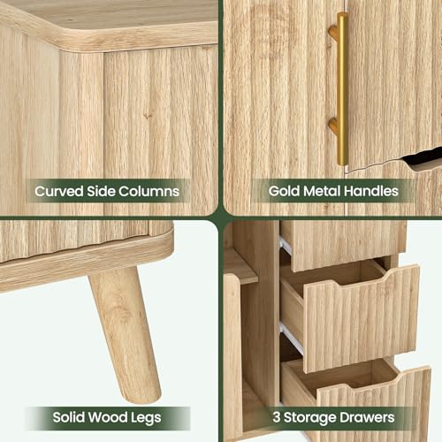 CHOEZON Bathroom Cabinet, Fluted Bathroom Storage Cabinet, Freestanding Floor Cabinet with Door Shelves, Drawers & Adjustable Shelf, Modern Bathroom Organizer for Bathroom, Kitchen, Natural