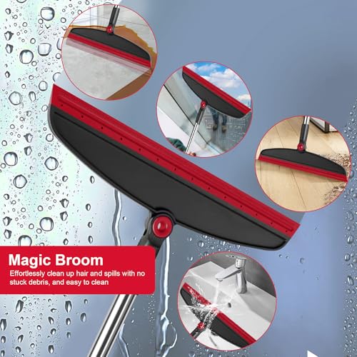 Broom and Dustpan Combo Set, 51" Long Handle with Silicone Squeegee | Wet & Dry Cleaning for Pet Areas, Built-in Comb Dustpan, Foldable Space-Saving Storage, Multi-Surface Floor Cleaning - color: Red