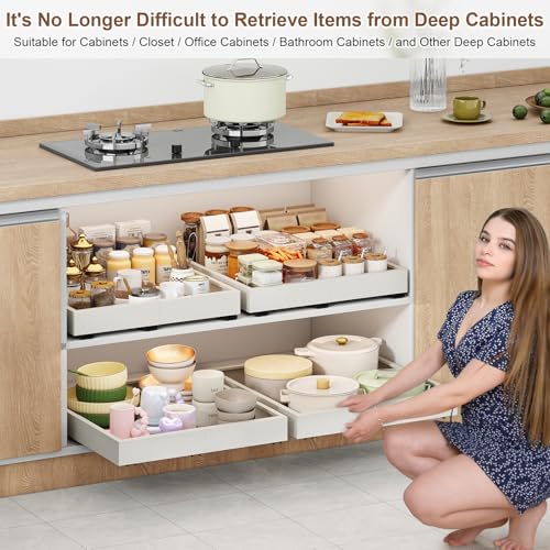 Fokyfok 2Pc Pull out Cabinet Organizer,14"-21"W,17"-24"D,Expandable | No Drill,Adjustable,Roll out Drawers,Adhesive Sliding Drawers,Slide out Shelves for Cabinets Without Lip,Kitchen,Pantry,White - size: (14"W-21"W)X(17"D-24"D)