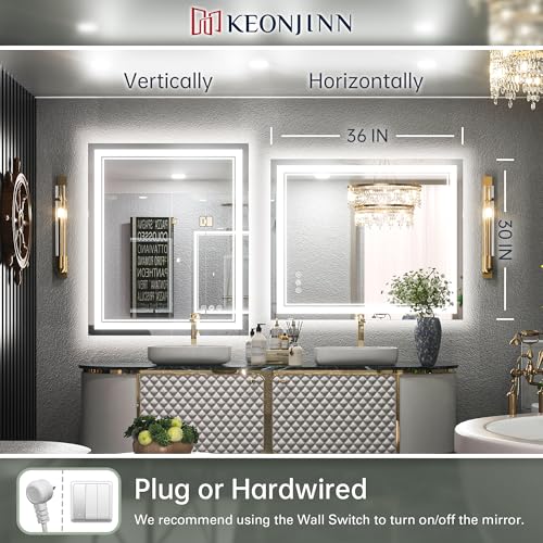 Keonjinn 30 x 36 Inch LED Bathroom Mirror with Lights, Frontlit and Backlit | HD Tempered Glass, Separately Frontlit/Backlit, Double Light Strips, Stepless 3 Colors Temperature & Dimmable, Fast Anti fog - size: 36"L x 30"W