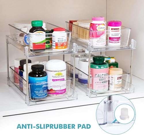 4 Pack Clear Bathroom Organizers and Storage, 2 Tier Pull Out Under Sink Cabinet Organizer Plastic Drawer Organization and Storage for Bathroom and Kitchen - size: 4 PACK