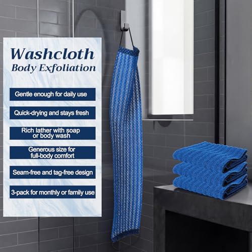 Chumia 3 Pcs Japanese Exfoliating Washcloth Towel with Handle Dual-Textured Back Scrubber for Shower Gentle Exfoliation Deep Cleanse Exfoliate Loofah Luffa Sponge Exfoliator for Women Men Bath Shower - color: Blue
