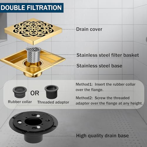 6 Inch Shower Drain, Square Shower Floor Drain Kit with Flange and Removable Cover Grate, AISI 304 Stainless Steel, Brushed Gold - color: Brushed Gold, size: 6 inches