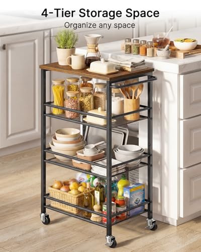 Pipishell Slim Storage Cart with Wheels, 4 Tier Rolling Bathroom Storage Cart with Handle and Wood Top, Metal Slim Kitchen Cart for Laundry Room, Bathroom, Kitchen, Narrow Space, Black & Rustic Brown - size: 10.8 in