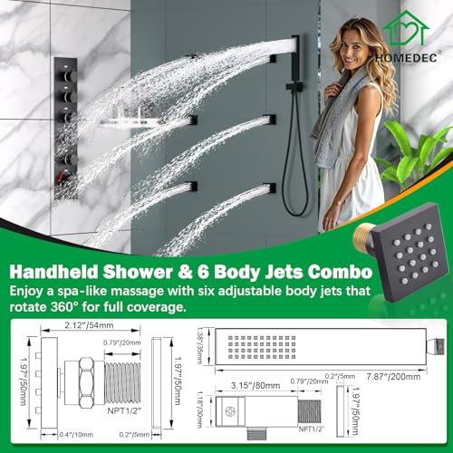 HOMEDEC 14x20inch and 6inch Shower Heads System with Bathtub Spout, 5 Way Diverter Valve, Handheld and 6 Body Jets Luxury Shower Set, Black - color: Black, style: 5-Way + 1x 6" Top + Spout