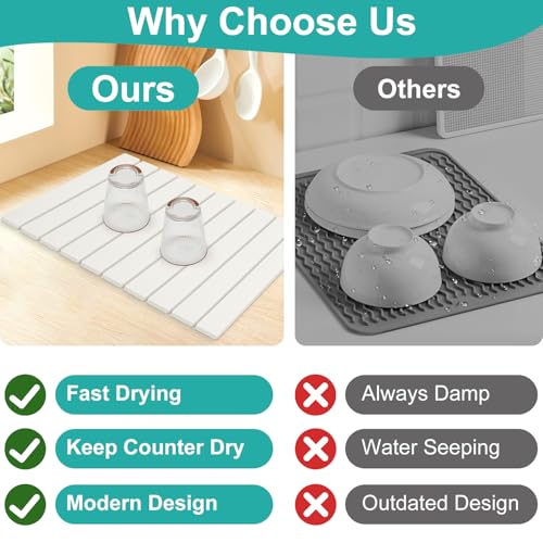 3 Pcs Large Stone Dish Drying Mat Kitchen Sink Counter Diatomite Dish Pad | Diatomaceous Earth Mats for Kitchen Countertop Quick Fast Drying Stone Mat Absorbent Tray Dry Matt Soap Dishes Drainer Mat - color: White