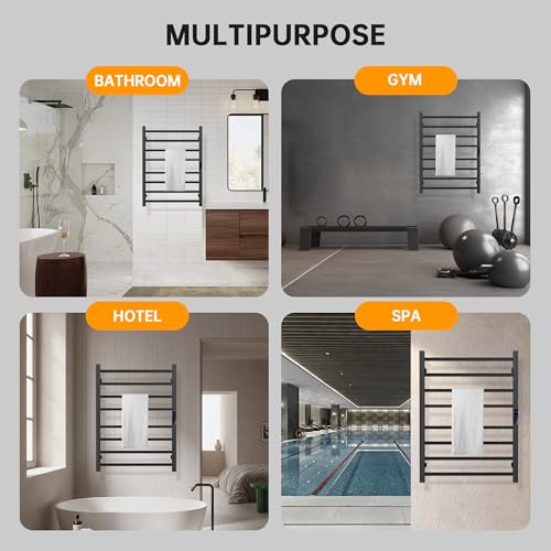 Towel Warmer Rack, Heated Towel Racks for Bathroom, Wall Mounted Towel Warmer, Stainless Steel 8-Bars Drying Rack with Intelligent Touch Screen Timer, Matte Black