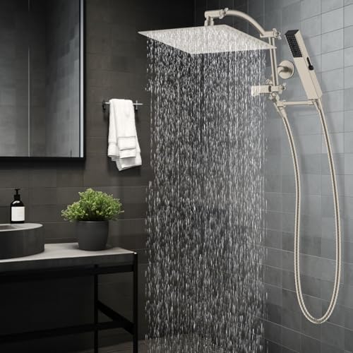 Hibbent All Metal CUPC Certified 12'' Rainfall Shower Head, Dual Shower Head Combo, High Pressure Handheld 4 Sprays Shower Wand, 16'' Adjustable Extension Arm, 71'' Hose, Shower Holder, Brushed Nickel - color: Brushed Nickel, style: Square 12''
