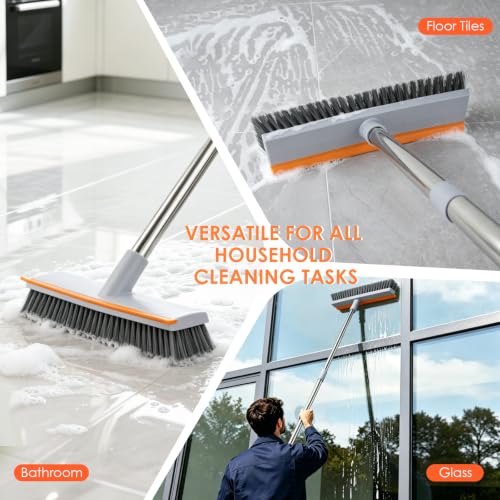 Floor Scrub Brush with 45" Long Handle, 2-in-1 Heavy-Duty Scrub Brush Broom | Stiff Bristle Scrubbing Brushes with Scrape Squeegee for Cleaning Bathroom, Kitchen, Patio, Pool, Garage, Tile, Wall, Deck