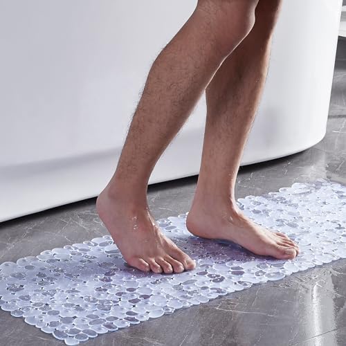 Webos Bath Shower Mat Non Slip: Extra Large Pebble Bathtub mat for Families, Anti Slip Shower Matt with Drain Holes Suction Cups Tub Mat - 16 X 40 Inch Clear - color: Pebble Clear