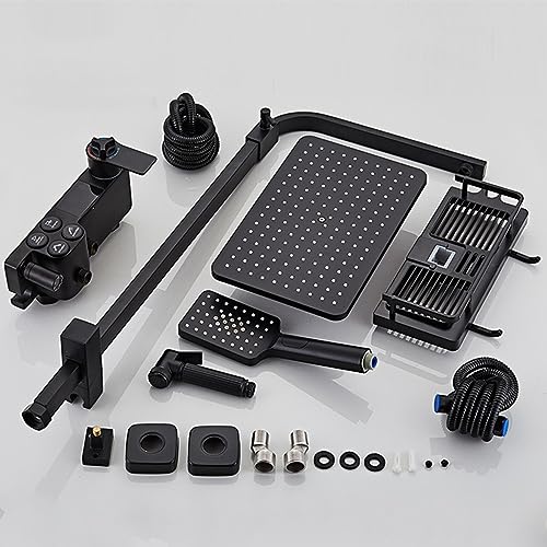 Thermostatic Shower Set Black Digital Display Rainfall Shower System, 4 Function Exposed Shower Faucet Set Brass Bathtub Faucet Wall Mounted Shower Fixture with Height Adjustable Shower Rod