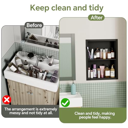 14x18 Medicine Cabinet Recessed Stainless Steel, 2-Tier, Medicine Cabinet Organizer,Stainless Steel Wall Niche, Bathroom Wall Cabinet, Recessed Bathroom Cabinet, Wall Cabinet, Black - color: Black, size: Classic 2-Tier
