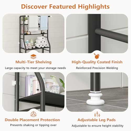 UDEAR 3-Tier Over The Toilet Rack,with Hanging Rod,Tower Shelf,Black | Toilet Towel Rack, Three-layer Iron Plate, Suitable for Bathrooms - color: Black