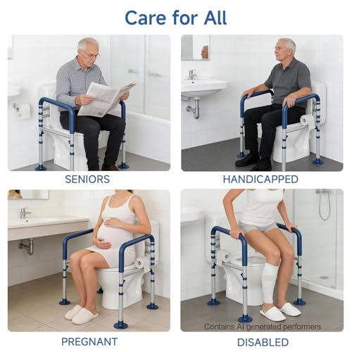 Toilet Safety Rail for Seniors and Handicap, Adjustable Height & Width, Stand Alone Toilet Safety Frame, Supports up to 350Lbs (Blue)