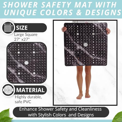ENKOSI Square Shower Mat 27x27 inch - Anti Slip Shower Stall Floor Mat - Non Slip Shower Mats with Strong Secure Suction Cups and Drain Holes in Middle (27x27 Marble Black) - color: Marble Black