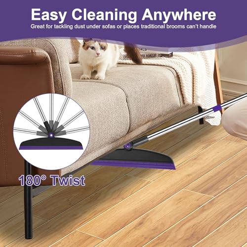 Broom and Dustpan Combo Set, 51" Long Handle Broom with Squeegee | Wet & Dry Cleaning for Pet Areas, Built-in Comb Dustpan, Foldable Space-Saving Storage, Multi-Surface Floor Cleaning - color: Purple
