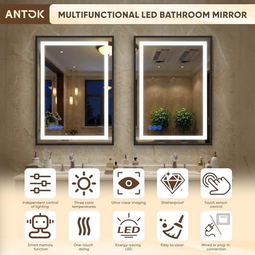 Antok 48X32 LED Bathroom Mirror with Lights, Vanity Mirror for Wall with Black Frame, Touch Control, Anti-Fog, Dimmable Lights, Shatter-Proof, Memory Function, Wall-Mounted Vanity Mirrors - size: 48"L x 32"W