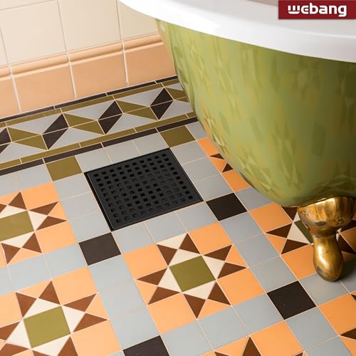 6 Inch Square Shower Drain Black Floor Drain with Flange Square Holes Pattern Cover Grate Removable SUS304 Stainless Steel Watermark&CUPC Certified Matte Black - color: Matte Black, size: 6 Inch