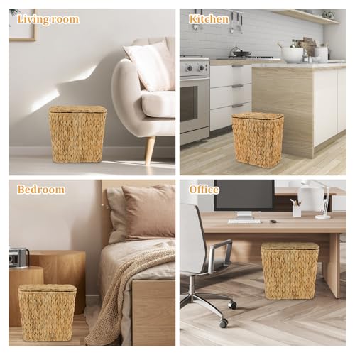 Wicker Trash Can with Lid and Liner, Handwoven Wicker Waste Basket, Water Hyacinth Bathroom Trash Can, Boho Rattan Garbage Wastebasket for Bedroom Home Living Room Office Kitchen, 2.5 Gallon - color: Water Hyacinth