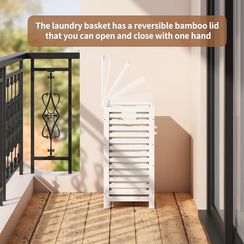 Laundry Hamper with Lid (16.9 * 13 * 26.5inches) Large Bamboo Laundry Bin Basket 85L Clothes Hamper with 1 Removable Bag Storage baskets for Bathroom (White) - color: White