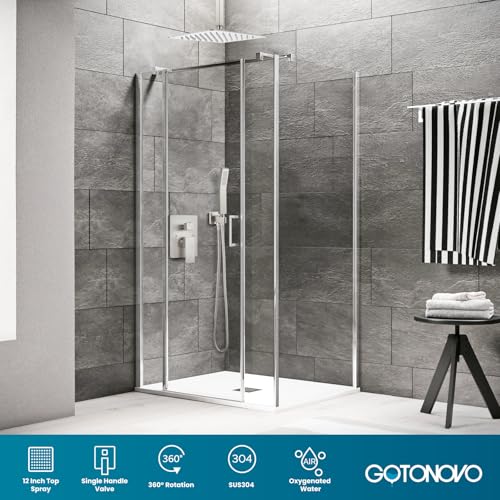 gotonovo Ceiling Shower System with Handheld Brushed Nickel,12 inch Head | Ceiling Mount Bathroom Shower Faucet Set,SUS304 Rainfall Head and Handle Set Combo,Brass Valve Trim Kit,All Metal - color: Nickel, size: 12 inch Head