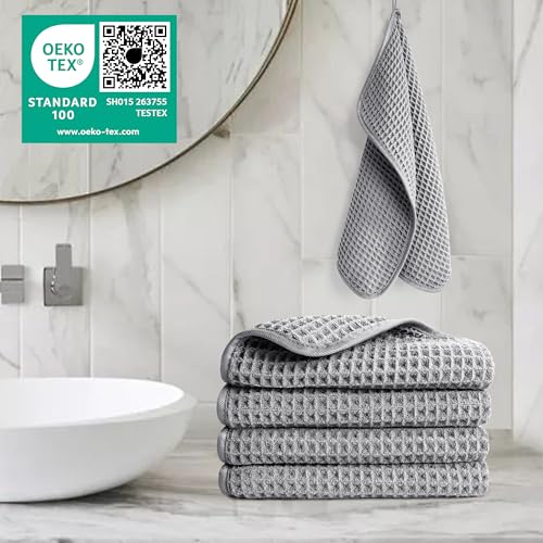 POLYTE 430 GSM Microfiber Lint Free Washcloth Face Towel, 13 x 13 in, 4 Pack (Waffle Weave) - color: Gray