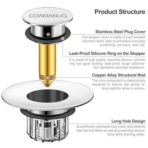 coamanug Bathtub Stopper | Shower Drain Hair Catcher, Pop-up Tub Stopper with Strainer | Bathroom Drain Plug | Drain Protector for 1-1/2 to 1-3/4"" Bath Drain Hole - color: Silver