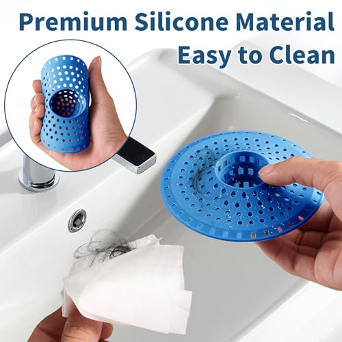 3Pcs Silicone Hair Catcher Shower Drain for Bathtub & Sink Trap/Strainer | 3 Pack Anti-Clog Collapsible Tub Protector Cover, Pet Hair Stopper fit 1 1/2" to 1 5/8'' Bathroom, Shower Stall & Sink Drains - color: Blue