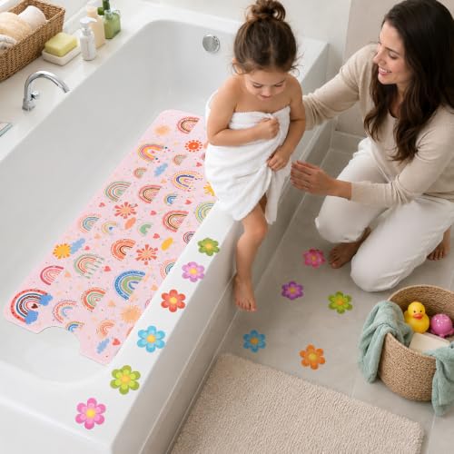 Cinrobiye Bath Mat for Tub Non Slip, 40 x 16 Inch Boho Rainbow Bathtub Shower Mat with Suction Cups and Drain Holes, Waterproof Machine Washable Bathroom Mat - color: Rainbow