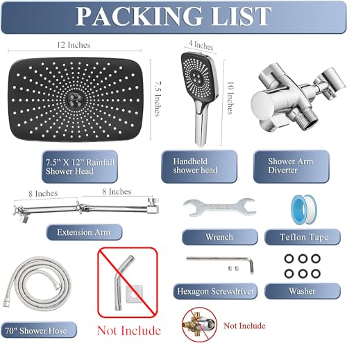 Shower Head with Handheld, 12 Inch Dual Shower Head with Extention Arm, High Pressure Rain Shower Heads, Rainfall Waterfall Showerhead with 3-Way Diverter - Height/Angle Adjustable(Chrome) - color: Chrome, size: 12 Inch