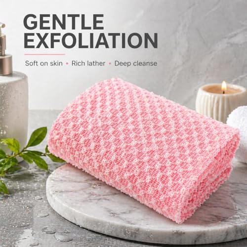 1Pack Pink Japanese Exfoliating Scrub Towel 120CM Long Back Scrubber | Soft 3D Weaving Washcloth for Sensitive Skin - color: Pink