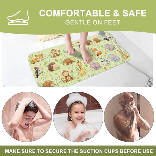 Baby Bath Mat for Tub Non Slip Kids, BPA Free Extra Long Bathtub Mat 40x16 with Drain Holes and 200 Suction Cups, Non Toxic Machine Washable Toddler Bath Mat, Eco-Friendly Certified - color: N-three Rows of Animals